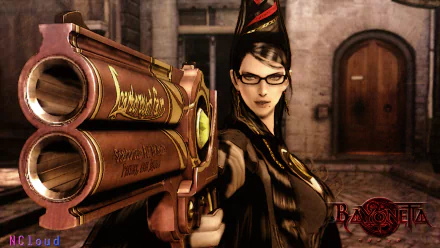 HD PC desktop wallpaper featuring Bayonetta from the video game, poised with her signature guns against a stone building backdrop.