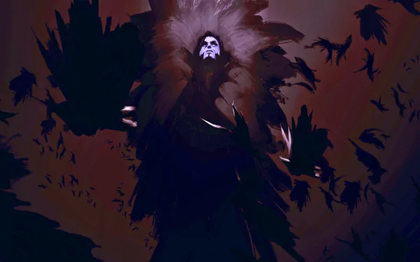 HD desktop wallpaper featuring a dark, gothic theme with a mysterious figure surrounded by swirling black feathers in a shadowy, crimson ambiance.