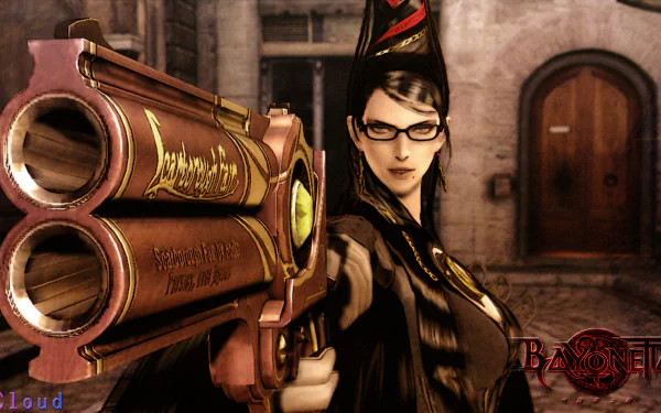 HD PC desktop wallpaper featuring Bayonetta from the video game, poised with her signature guns against a stone building backdrop.