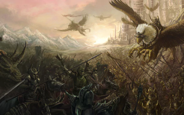 A 4K Ultra HD fantasy battle scene depicts fierce warriors clashing near a towering castle with giant eagles soaring overhead, set against a dramatic mountainous backdrop.