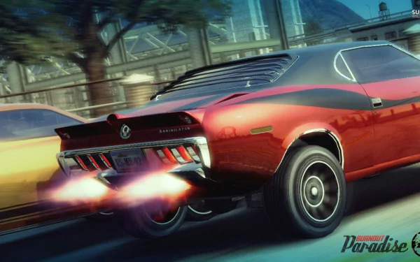 A dynamic HD wallpaper from Burnout Paradise, featuring a classic red muscle car speeding down the road with fiery exhaust, capturing the thrill of high-speed racing.