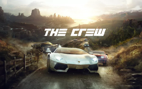 A dynamic HD wallpaper featuring cars racing through a scenic landscape, prominently showcasing The Crew video game title, capturing the thrill of adventure and speed.