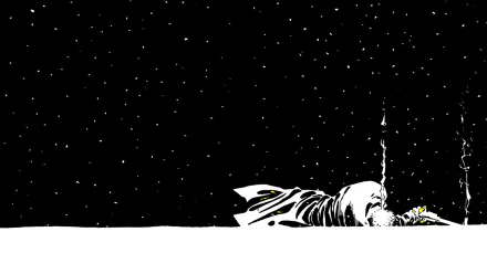 Comic Sin City HD PC desktop wallpaper: high-contrast black-and-white scene of a lone figure collapsed in snow under a starry sky, cigarette smoke curling upward.