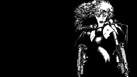 Sin City comic 2K Quad HD PC wallpaper — stark black-and-white illustration of a femme fatale with wild hair and twin pistols at the right, wide black negative space on the left