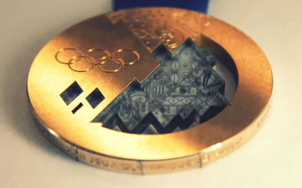 Close-up of the Sochi 2014 Winter Olympic Games gold medal with decorative patterned cutaway — sports-themed 2K Quad HD PC desktop wallpaper and background.