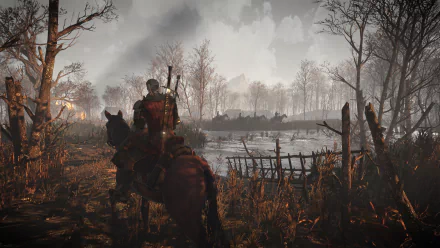 HD desktop wallpaper of The Witcher 3: Wild Hunt featuring Geralt of Rivia on horseback in a marshy landscape with atmospheric lighting.