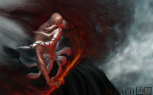 HD desktop wallpaper and background featuring Genryūsai Shigekuni Yamamoto from the anime Bleach, depicted with dynamic fiery and smoky effects.