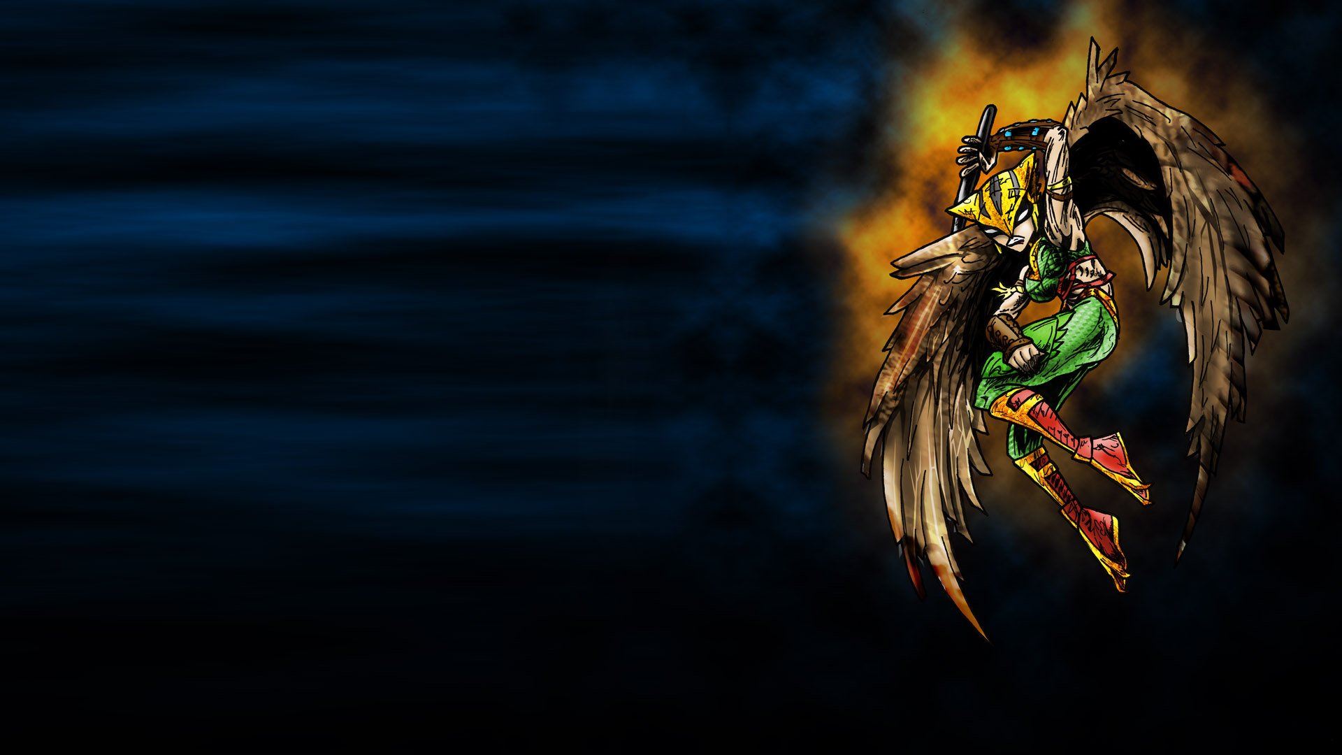 Hawkgirl (Kendra Sanders) from DC Comics, wings spread in comic-style flight on the right over a dark blue HD PC desktop wallpaper background.