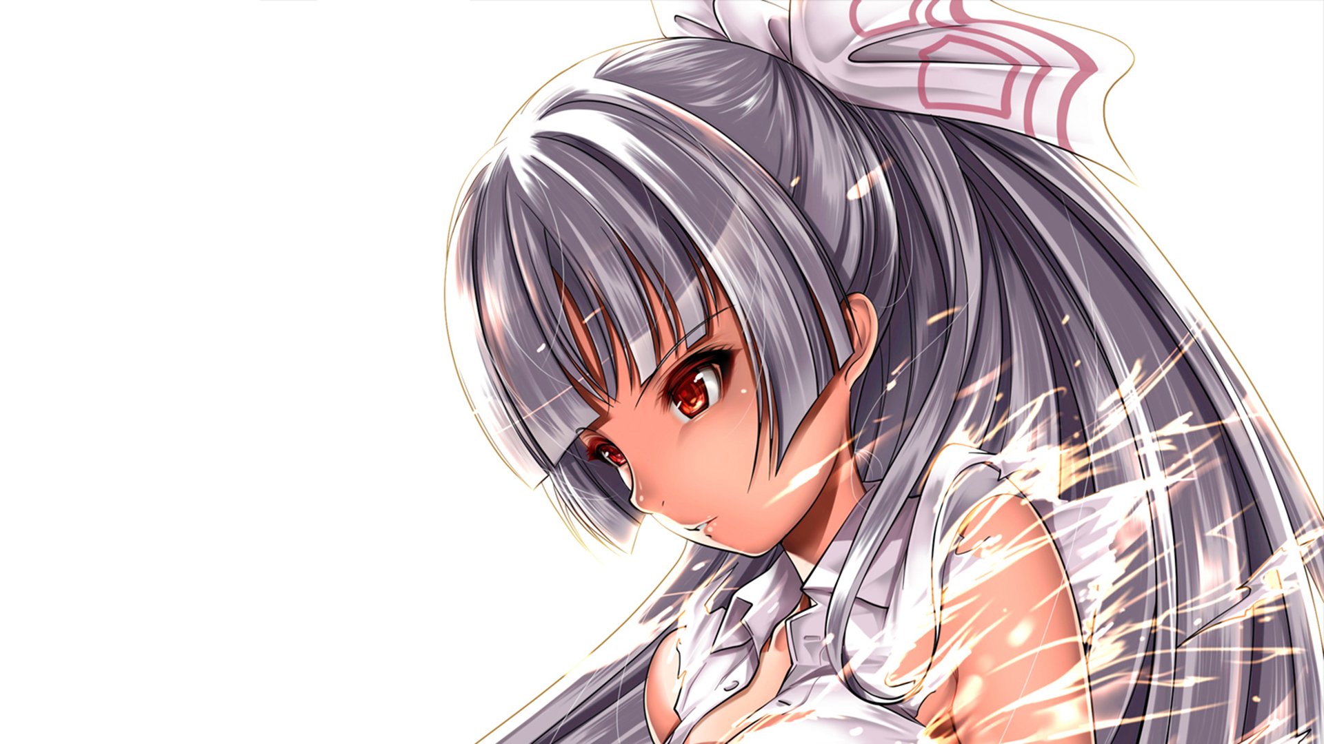 HD PC wallpaper featuring Fujiwara no Mokou from the Touhou video game series, depicted with grey hair in a ponytail and striking red eyes in anime style.