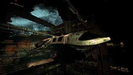 A futuristic spaceship hovers within a sci-fi city, illuminated by vibrant lights against a cosmic backdrop, creating an immersive HD desktop wallpaper.