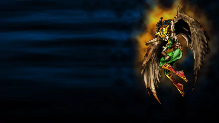 Hawkgirl (Kendra Sanders) from DC Comics, wings spread in comic-style flight on the right over a dark blue HD PC desktop wallpaper background.