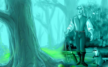 A vibrant HD desktop wallpaper featuring characters from the movie Pocahontas, showcasing a forest scene with a man and a raccoon, evoking a sense of adventure and nature.