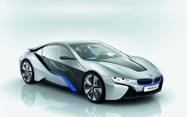 HD desktop wallpaper featuring a sleek BMW i8 vehicle in silver with blue accents, showcasing its futuristic design and sporty elegance.