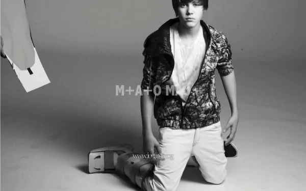 HD desktop wallpaper featuring a monochrome photo of a young male celebrity posing for a stylish shoot.