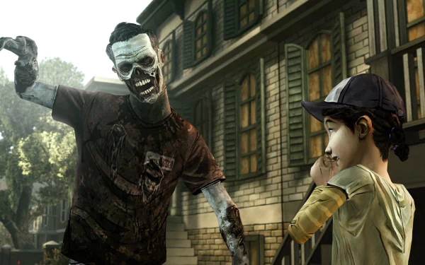 A striking HD wallpaper from The Walking Dead: Season 1, featuring a zombie confronting a young girl in a tense moment outside a house.