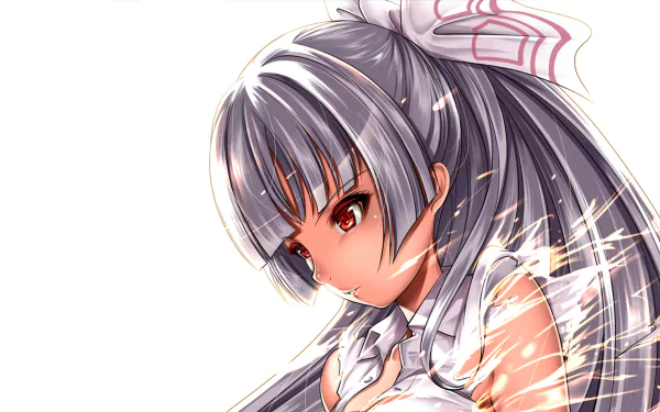 HD PC wallpaper featuring Fujiwara no Mokou from the Touhou video game series, depicted with grey hair in a ponytail and striking red eyes in anime style.