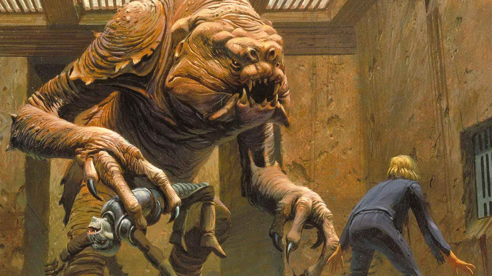 HD Sci-Fi Star Wars desktop wallpaper featuring a tense scene with a large, menacing creature confronting a human figure in a dimly lit, industrial setting.