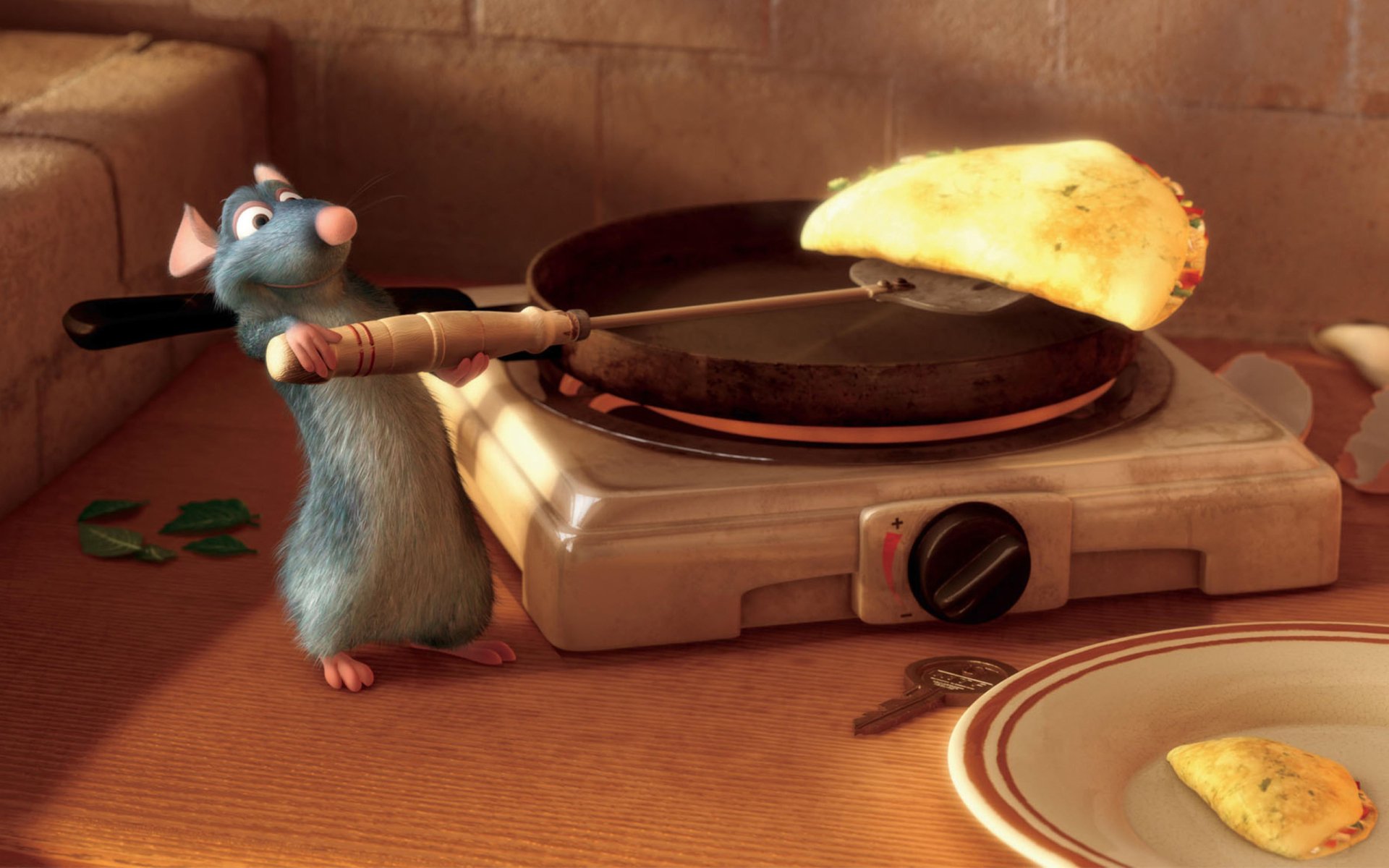 A vibrant HD wallpaper from Ratatouille features the charming rat Remy skillfully flipping an omelette in a cozy kitchen setting.
