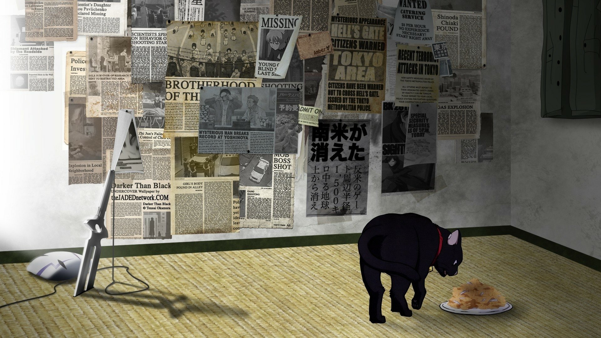 HD PC desktop wallpaper featuring Mao from the anime Darker than Black in a room with newspaper-covered walls, a rifle, and a plate of food on the floor.