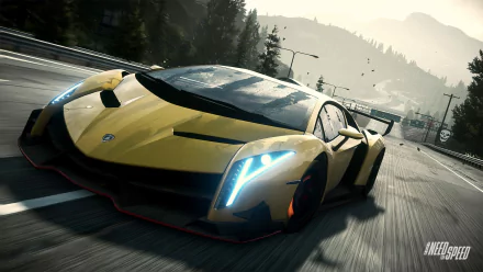 A high-definition desktop wallpaper featuring a yellow sports car racing through a forested highway in the video game Need For Speed: Rivals.