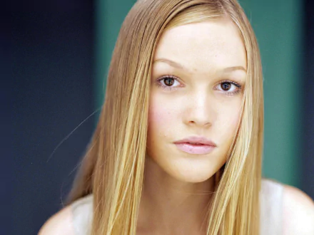 A high-definition desktop wallpaper featuring Julia Stiles, showcasing her striking features and long, straight hair against a soft background.