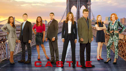 Promotional image from the TV show Castle, featuring the main cast posed on a bridge, set against a sunset backdrop. Suitable as an HD desktop wallpaper and background.
