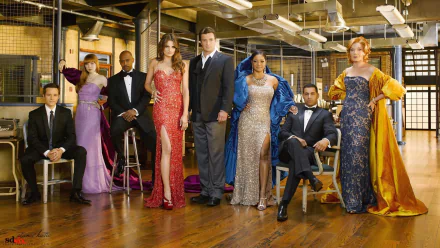 HD PC desktop wallpaper featuring the main cast of the TV show Castle, dressed in elegant evening attire, set in a stylish indoor space with warm lighting.