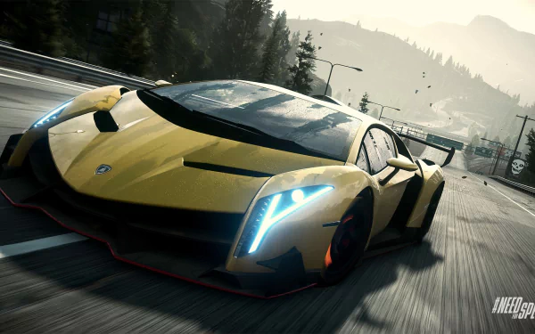 A high-definition desktop wallpaper featuring a yellow sports car racing through a forested highway in the video game Need For Speed: Rivals.