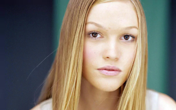 A high-definition desktop wallpaper featuring Julia Stiles, showcasing her striking features and long, straight hair against a soft background.