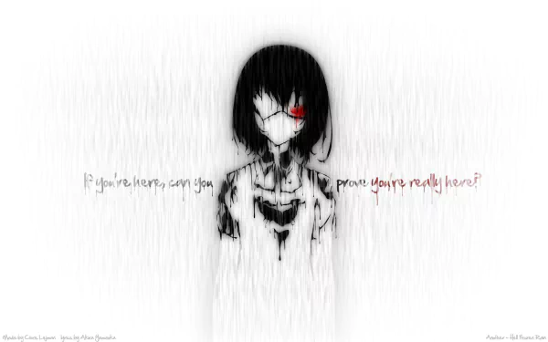HD desktop wallpaper of an Anime scene from Another. The image features a dark-haired character with a red eye, layered with the text, If you’re here, can you prove you’re really here?