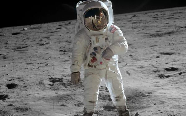 4K Ultra HD desktop wallpaper of astronaut Buzz Aldrin standing on the lunar surface in his spacesuit during the Apollo moon mission.