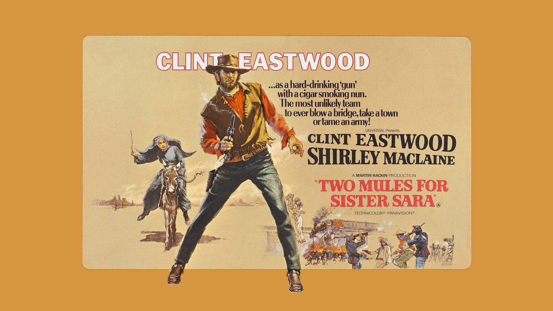 HD PC desktop wallpaper of a vintage movie poster for Two Mules for Sister Sara: a gun-toting cowboy at center, smaller action vignettes and text on a warm tan background.
