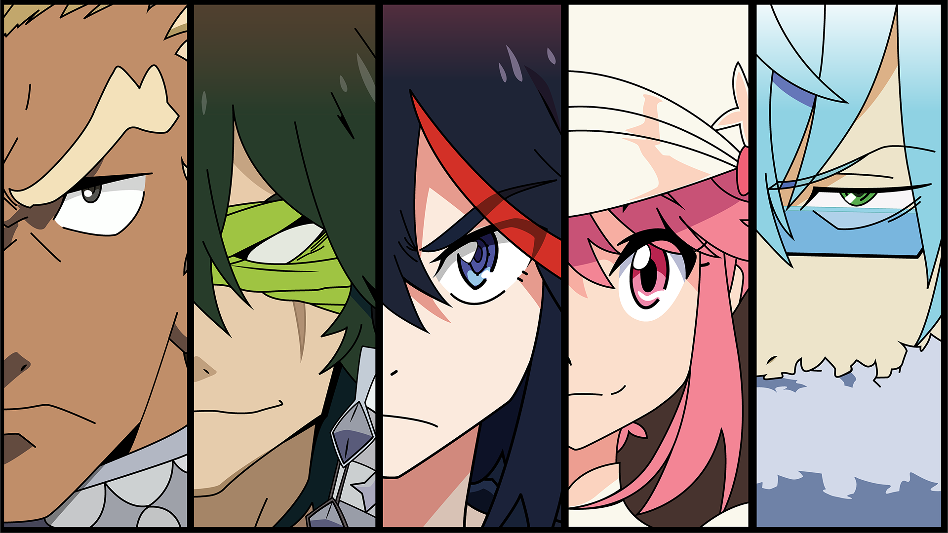 HD PC desktop wallpaper featuring close-up portraits of five Kill La Kill anime characters in a bold, segmented design.