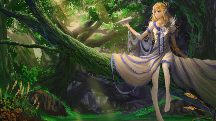 Anime-style character with long hair and a dress in a forest setting, depicted in a high-definition desktop wallpaper.