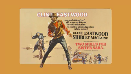 HD PC desktop wallpaper of a vintage movie poster for Two Mules for Sister Sara: a gun-toting cowboy at center, smaller action vignettes and text on a warm tan background.