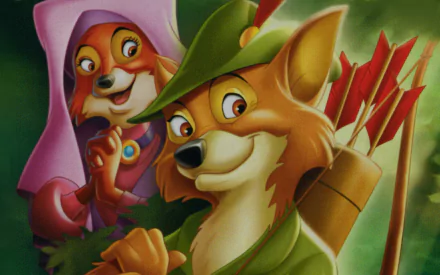 HD PC desktop wallpaper featuring animated characters Robin Hood and Maid Marian from the 1973 Robin Hood movie.