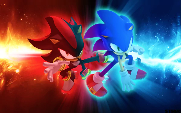 HD desktop wallpaper featuring Shadow the Hedgehog and Sonic the Hedgehog from the video game Sonic Adventure 2, with dynamic red and blue energy backgrounds.
