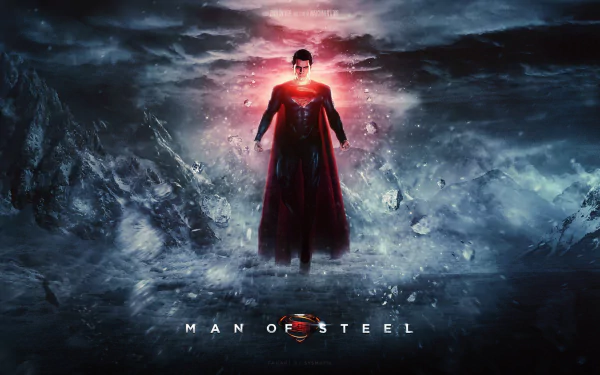HD PC desktop wallpaper of Superman from the movie Man of Steel, featuring him glowing with power amidst a dark, stormy mountain landscape.