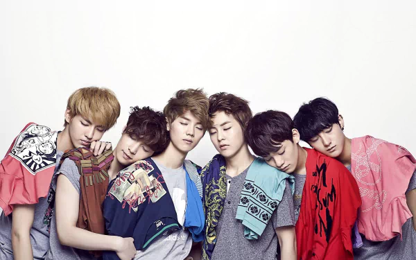 HD desktop wallpaper of the music group EXO, featuring six members standing closely with their eyes closed, dressed in colorful outfits.