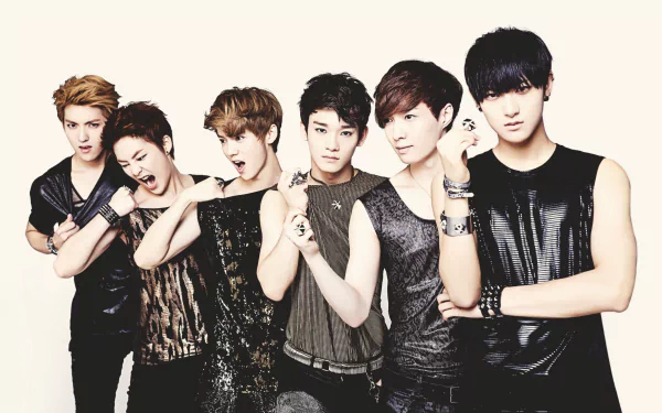 HD desktop wallpaper featuring the music group EXO, showcasing six members in stylish poses.