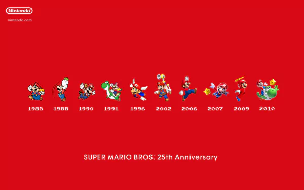 A vibrant HD wallpaper celebrating the 25th anniversary of Super Mario Bros, featuring iconic Nintendo characters displayed across the years from 1985 to 2010 against a bold red background.