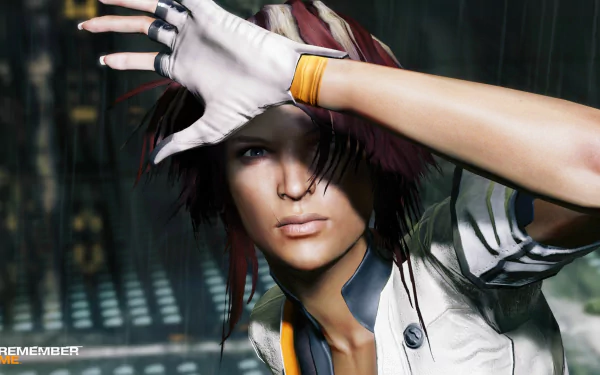 A close-up of Nilin from the video game *Remember Me*, showcasing her determined expression against a futuristic backdrop, serves as an engaging HD PC desktop wallpaper.