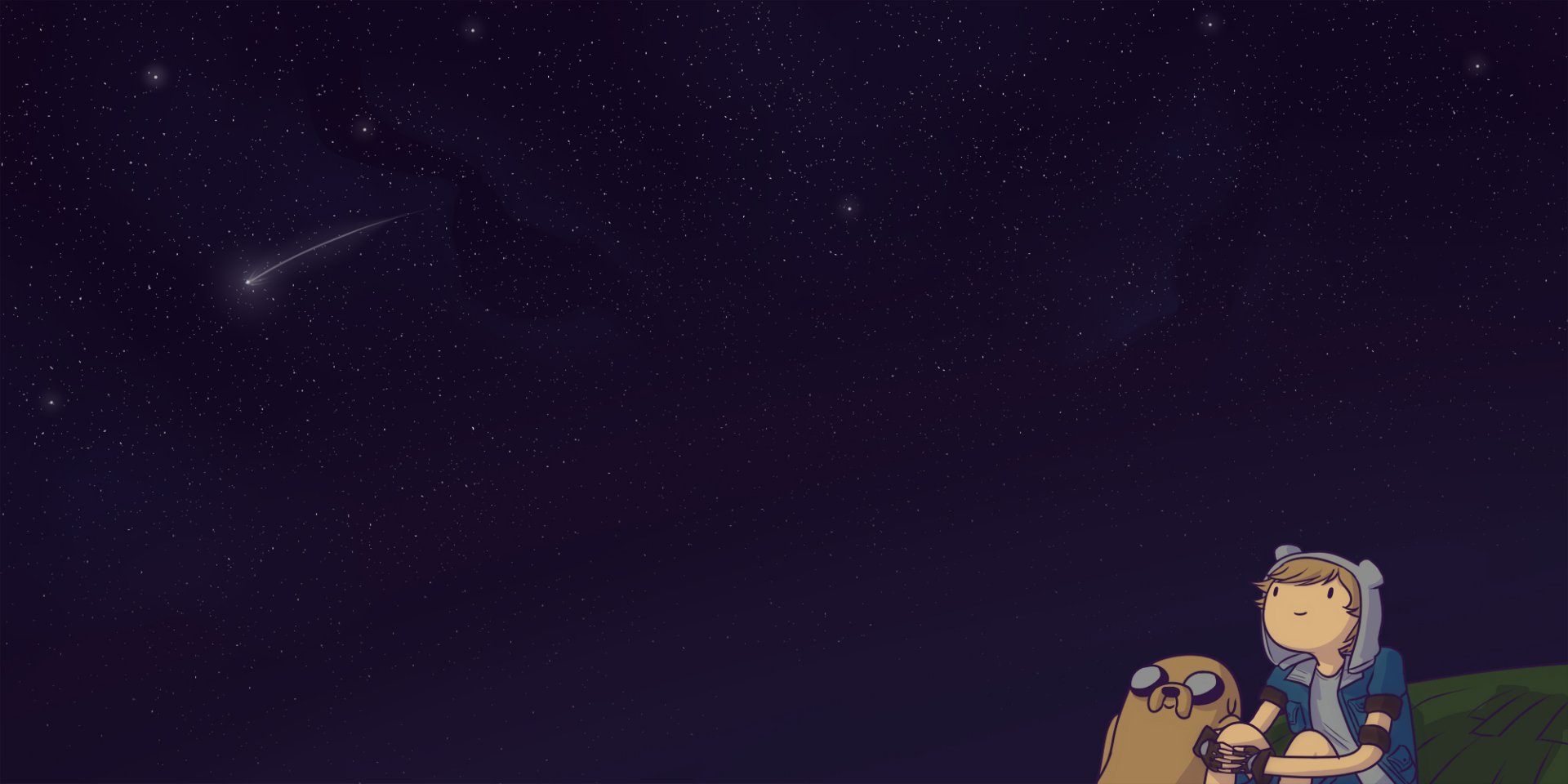 An enchanting HD wallpaper from the TV show Adventure Time, featuring Finn and Jake gazing at a starry night sky with a shooting star, evoking a sense of wonder and adventure.