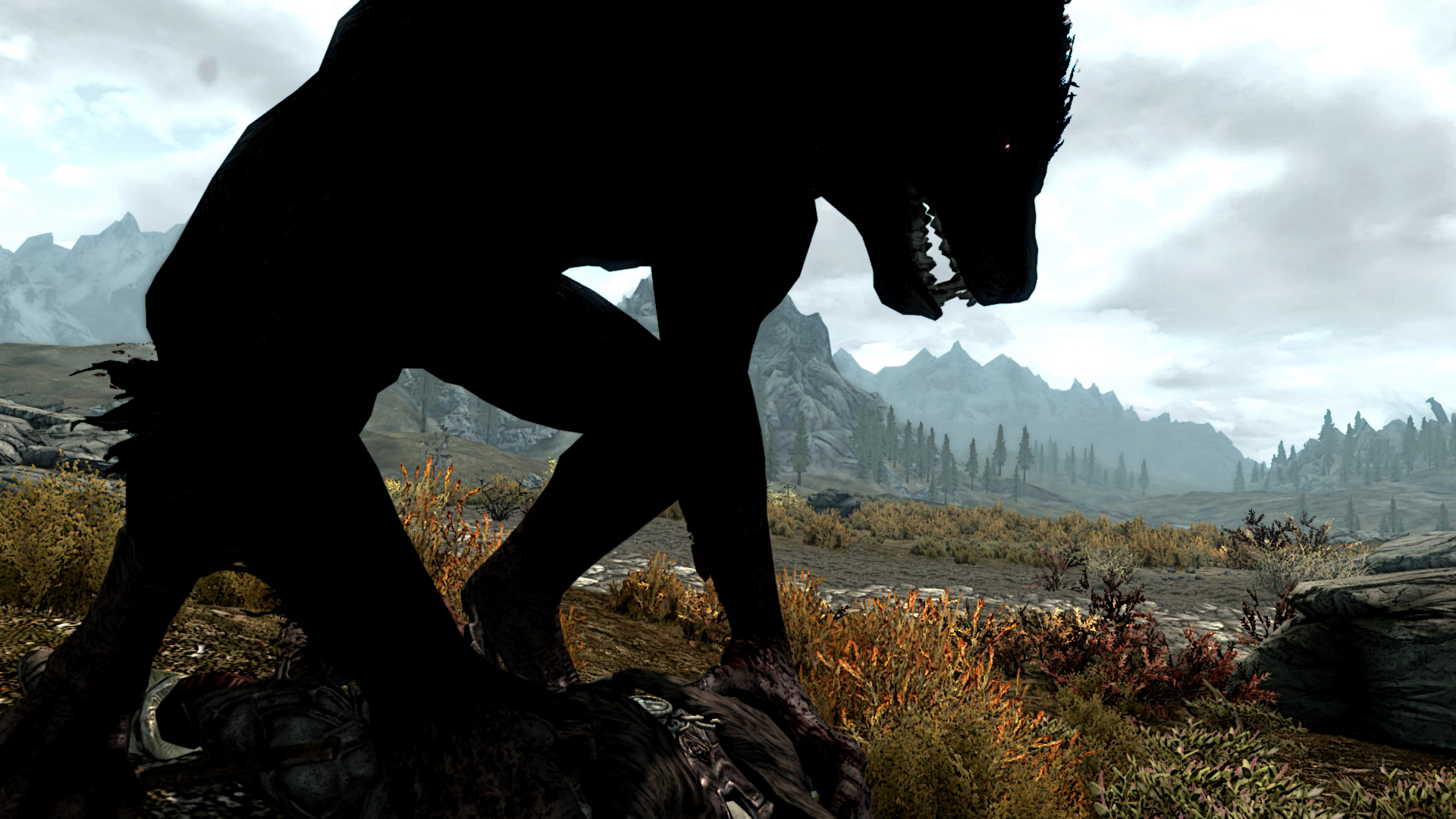 HD desktop wallpaper depicting a werewolf from The Elder Scrolls V: Skyrim, with a rugged landscape in the background showcasing the game's iconic environment.