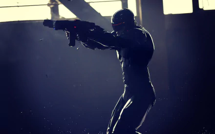 HD PC desktop wallpaper featuring RoboCop from the 2014 RoboCop movie, showcasing the character aiming a weapon in a dark, industrial setting.