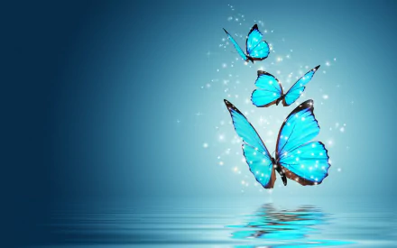 A vibrant HD wallpaper featuring artistic blue butterflies gracefully soaring above a shimmering water surface, set against a calming blue background.