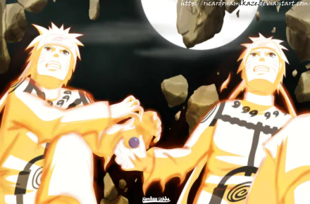 A dynamic 4K Ultra HD wallpaper featuring Naruto Uzumaki, the Hokage, surrounded by dramatic rocks and a luminous moon, showcasing his iconic orange attire and spirited expressions.