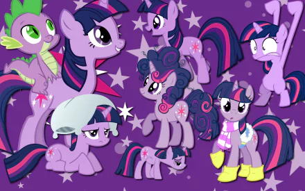 Vector HD PC desktop wallpaper of multiple Twilight Sparkle poses with dragon Spike on a purple, starry background — characters from the TV show My Little Pony: Friendship Is Magic.
