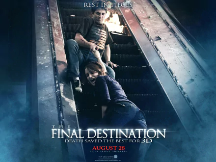 HD PC desktop wallpaper of The Final Destination movie: two people clinging to a burning, broken escalator, the film title The Final Destination at the bottom.