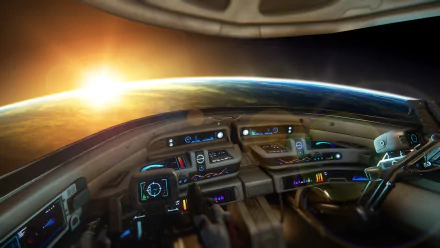 An HD PC desktop wallpaper from the video game Star Citizen, showcasing a spacecraft cockpit with vibrant controls and a stunning view of Earth and a rising sun.